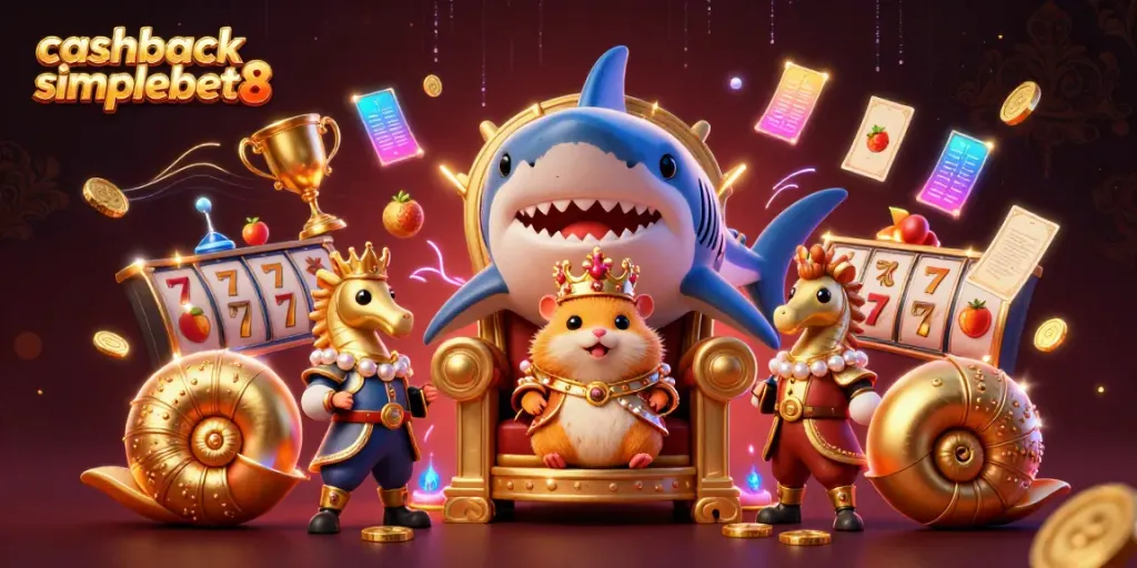 Experience the excitement of cashback simplebet8 with this enchanting illustration showcasing a golden hamster king amidst thrilling slot games.