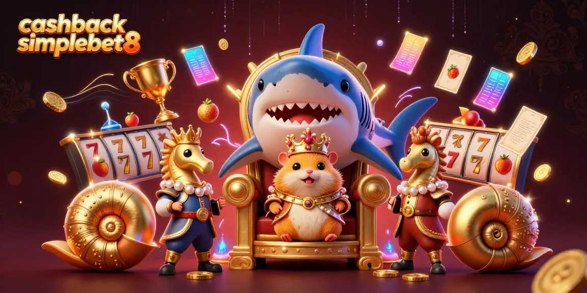 Experience the excitement of cashback simplebet8 with this enchanting illustration showcasing a golden hamster king amidst thrilling slot games.