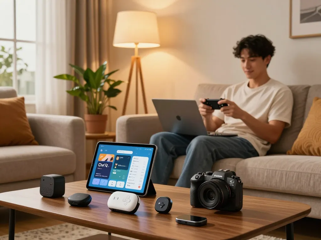 The best tech gadgets for men showcased in a stylish living room with a young man using the 8BitDo Ultimate 2 controller among various Bluetooth devices.
