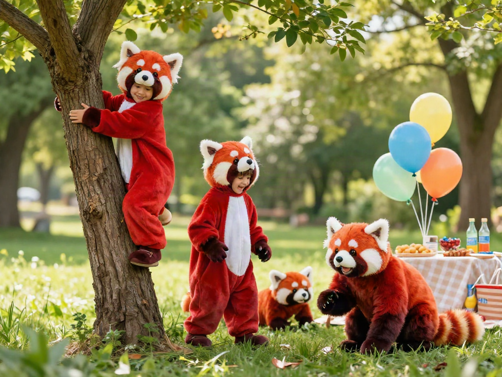 Children in red panda costume playing joyfully in a sunny park.