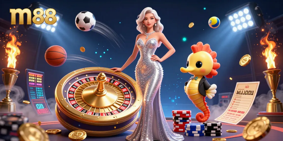 Join the excitement at m88 with a vibrant casino scene featuring roulette and dynamic sports betting.
