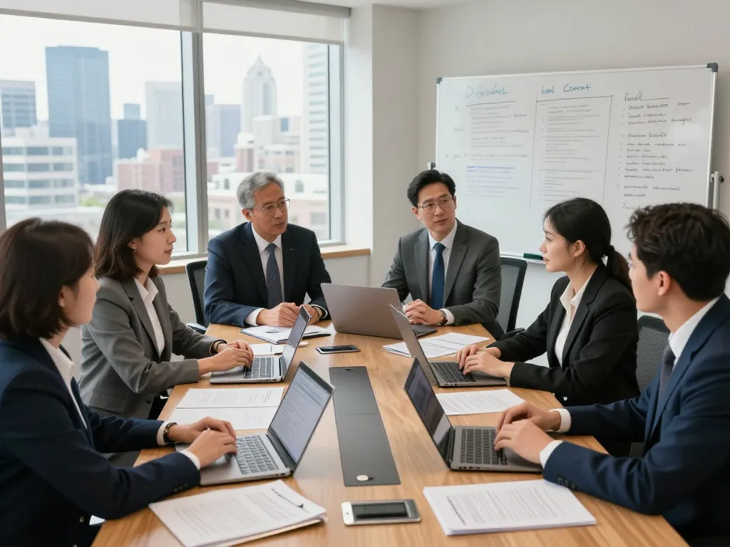 Dynamic meeting of USA lawyers discussing strategies in a bright office
