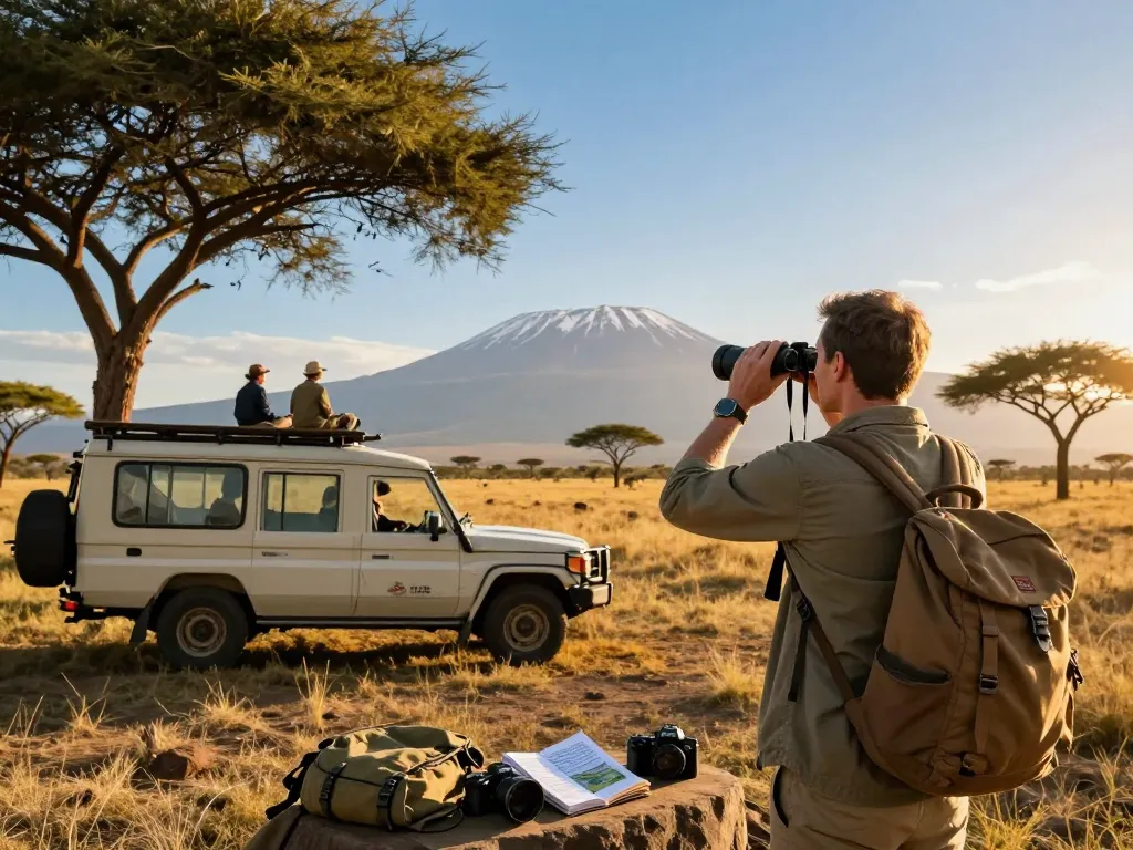 Safari and Kilimanjaro packages with a traveler observing wildlife in the Serengeti at sunset.