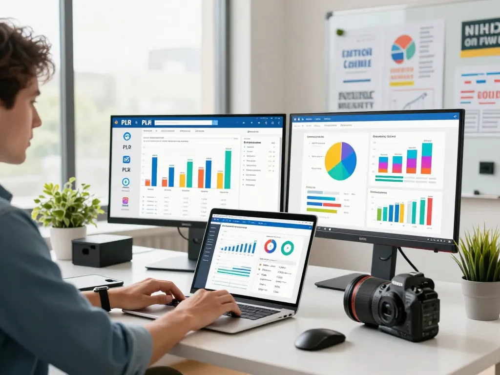 Buy Private Label Rights Products showcased in a vibrant marketing workspace with charts and PLR materials.
