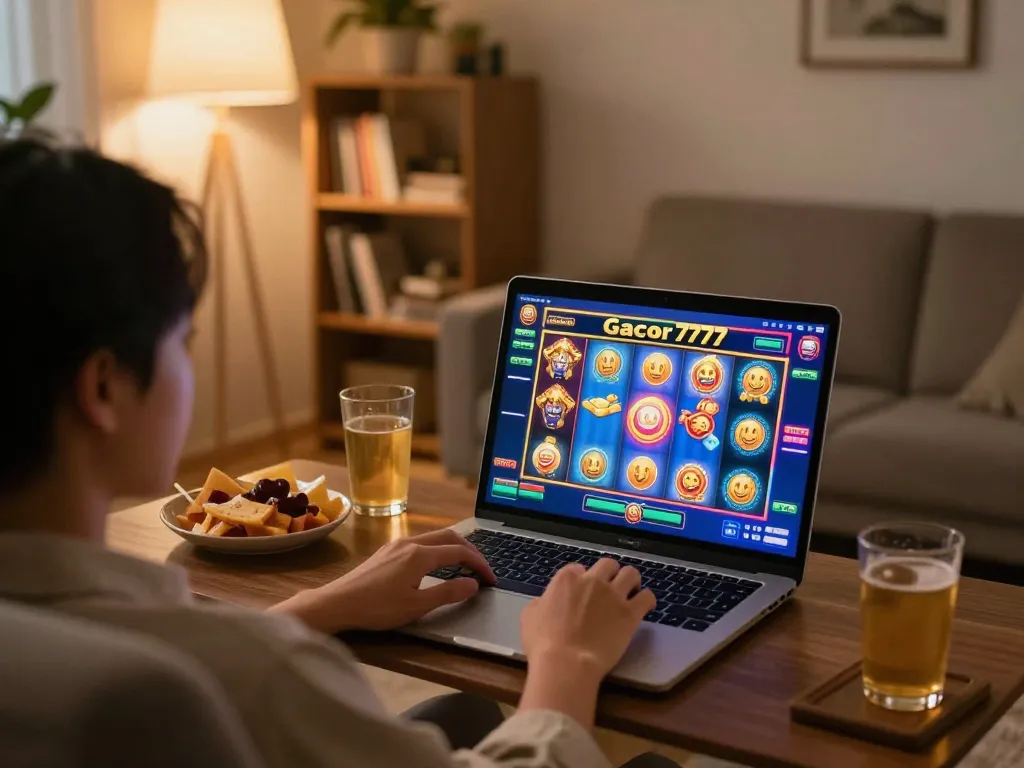 Engaging in slot gacor 777 gaming at home with a colorful interface on laptop
