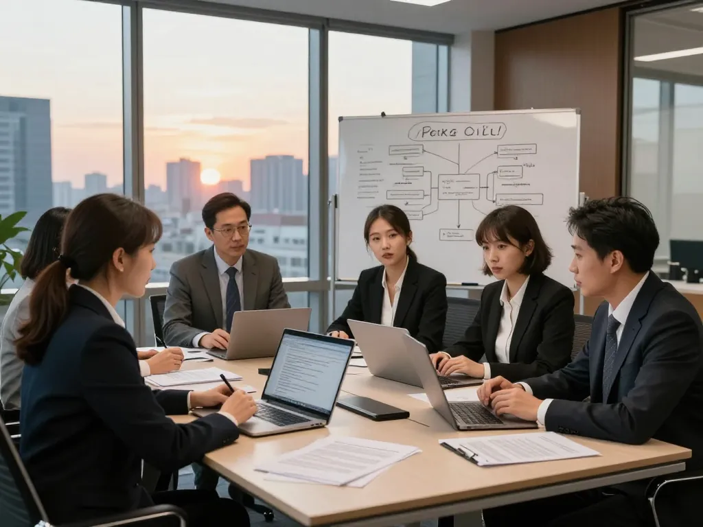 Group of USA lawyers discussing case strategies in a modern office setting.