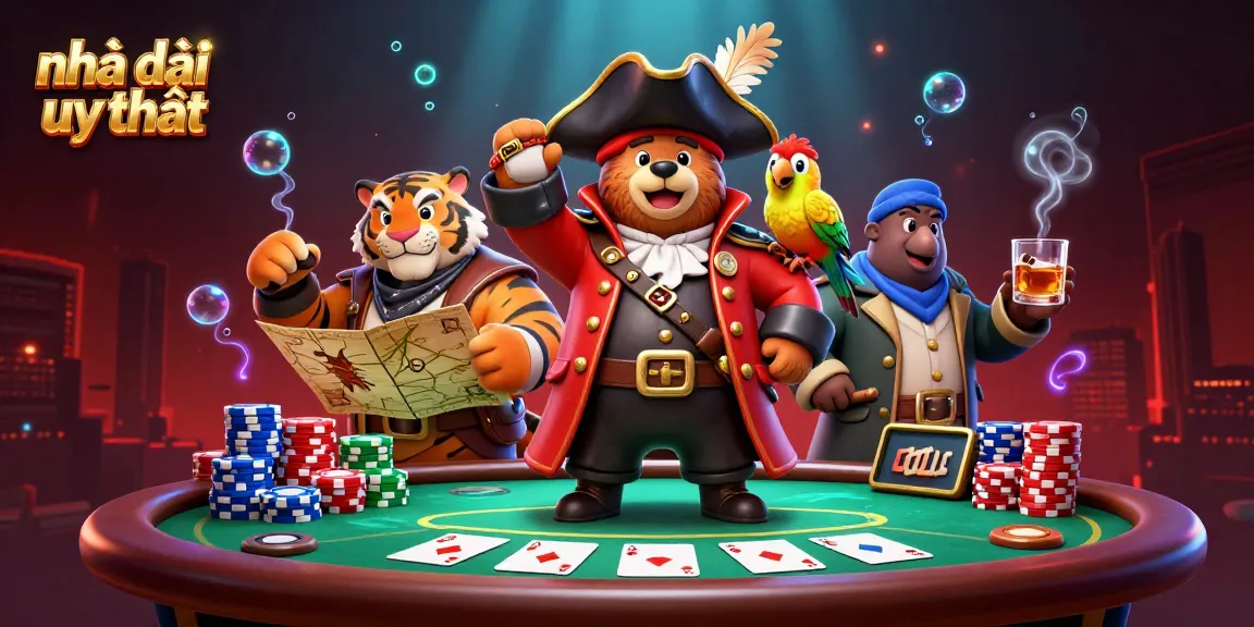 Engaging scene at Nhà cái uy tín casino with pirate characters and poker elements, emphasizing excitement.