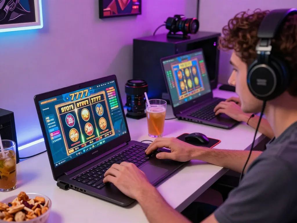 Gamer bermain slot777 dengan laptop dan suasana ceria di ruang modern.