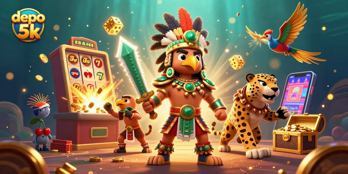 Experience the excitement of depo 5k with a dynamic 3D casino scene featuring Aztec warriors and jackpot elements.