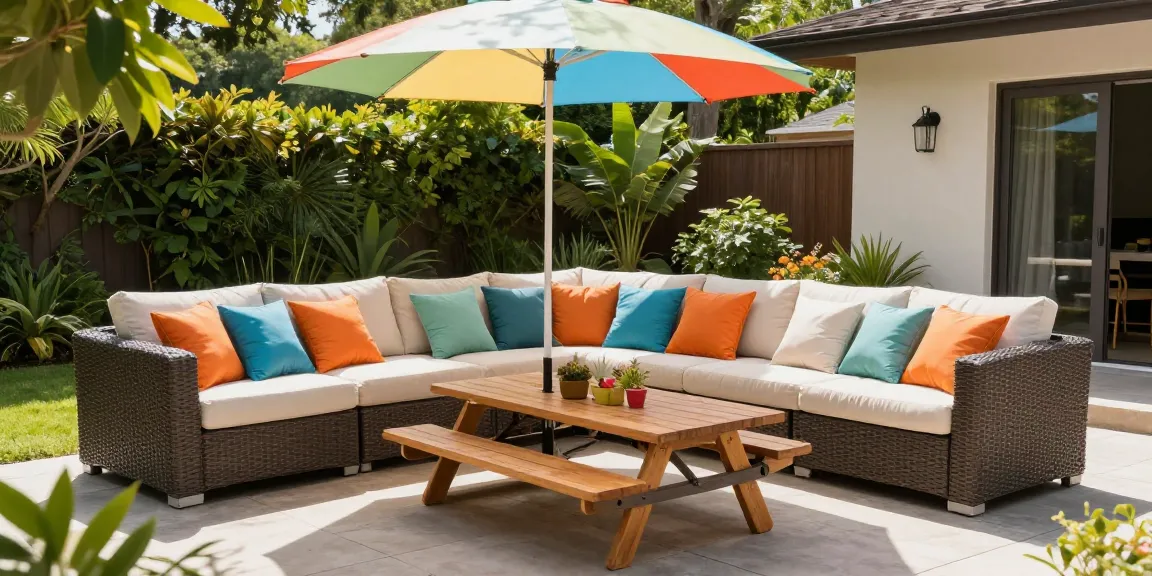 Stunning patio furniture sale display with vibrant dining set and sunny outdoor atmosphere