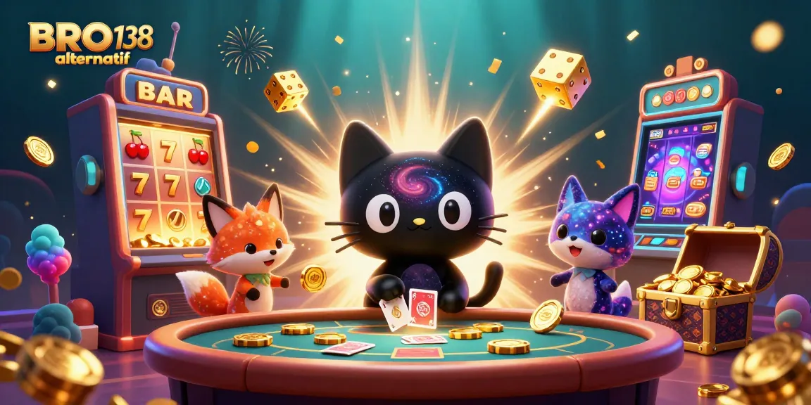 Experience winning moments with BRO138 alternatif as a cosmic cat and nebula fox play at the casino table amidst a jackpot explosion.