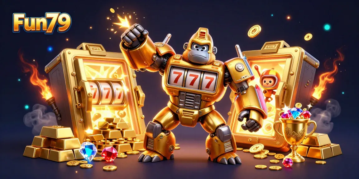 Experience vibrant gaming action with Fun79's golden gorilla mech and treasure elements.