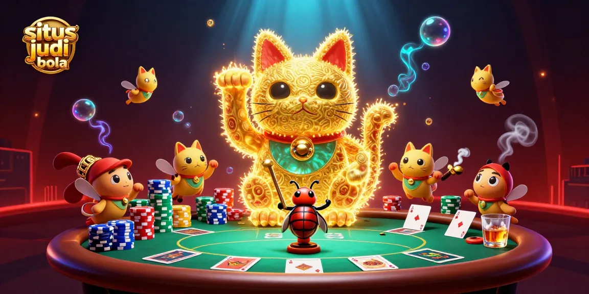Experience situs judi bola with a vibrant illustration of a lucky cat and casino elements.