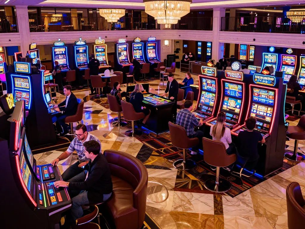 Players engaging with vibrant slot machines at ledak338 casino, showcasing an exciting gaming experience.