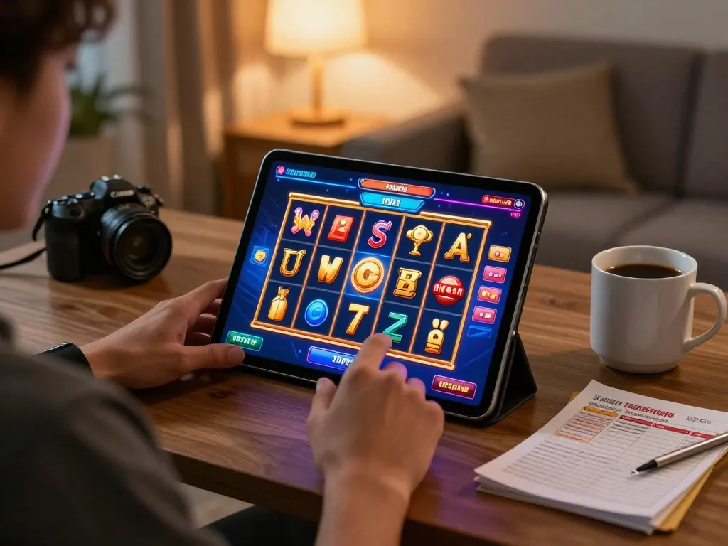 Chơi các trò chơi slot luckywin thú vị trên một máy tính bảng hiện đại trong một môi trường ấm cúng tại nhà.