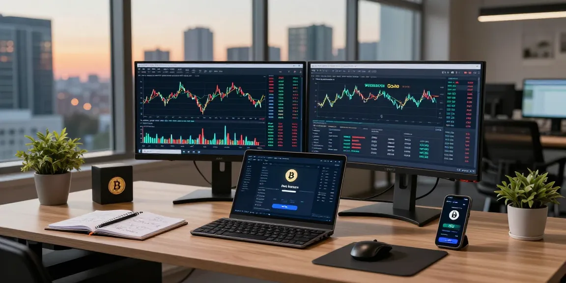 Bitcoin mining investment strategies displayed on dual monitors with cryptocurrency trading interfaces and digital wallet in a professional office setup