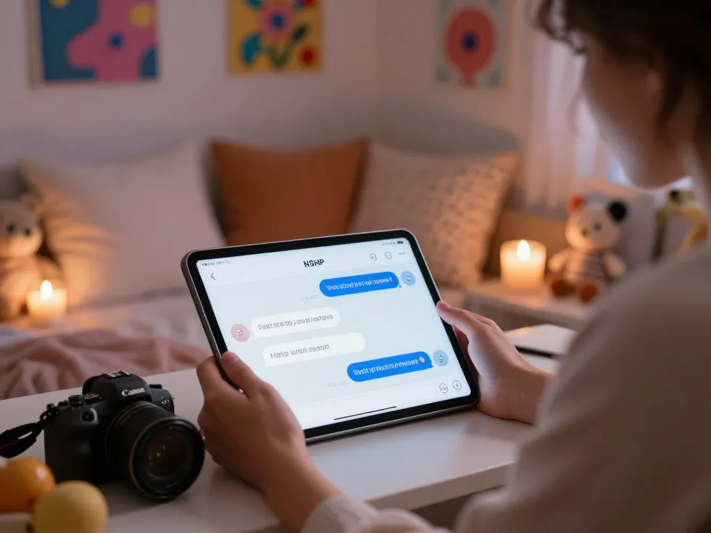 Engaging NSFW AI chat experience on a tablet in a cozy bedroom.