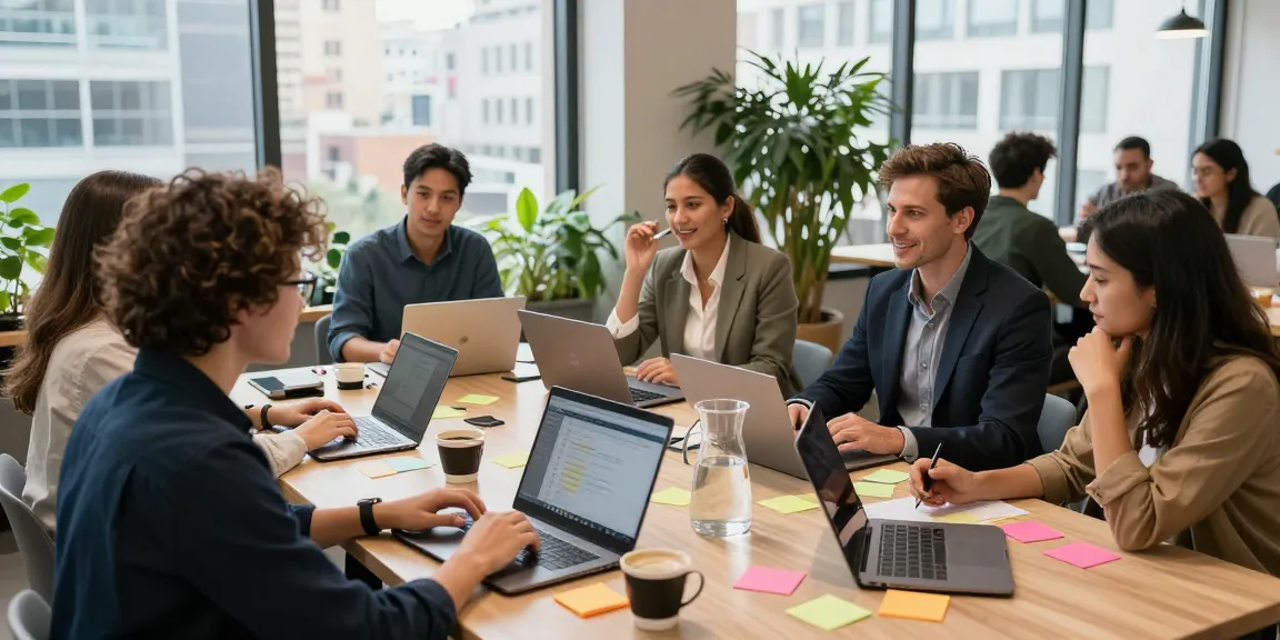 Self-employed professionals collaborating in a modern office setting.