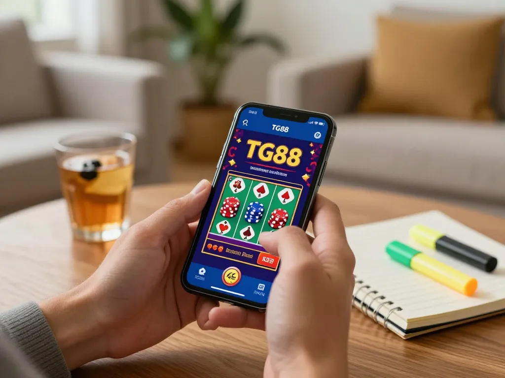 Player exploring the TG88 app on smartphone, enjoying online casino gaming in a cozy home environment.