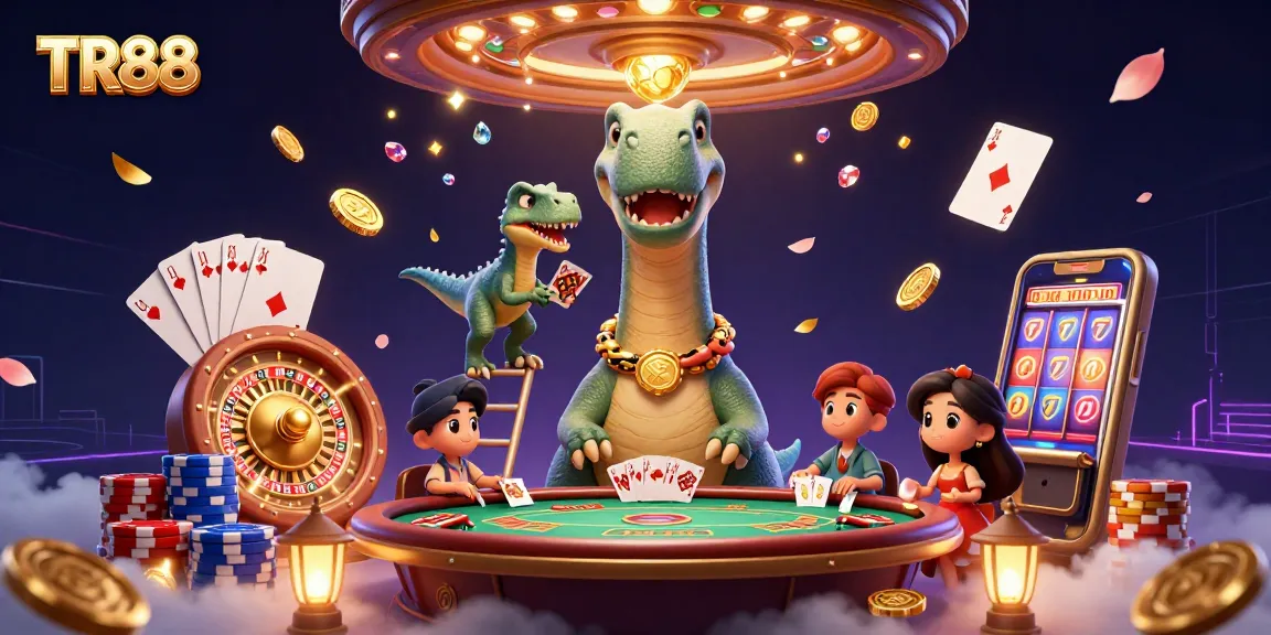 Experience excitement at TR88 with a lively casino scene featuring a cartoon dinosaur dealer and vibrant game elements.
