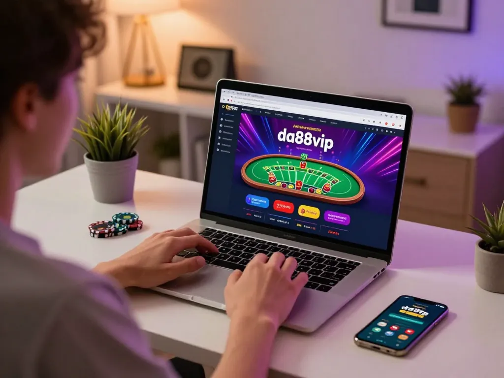 Experience engaging online gameplay with da88vip, featuring a live dealer blackjack game on a laptop.