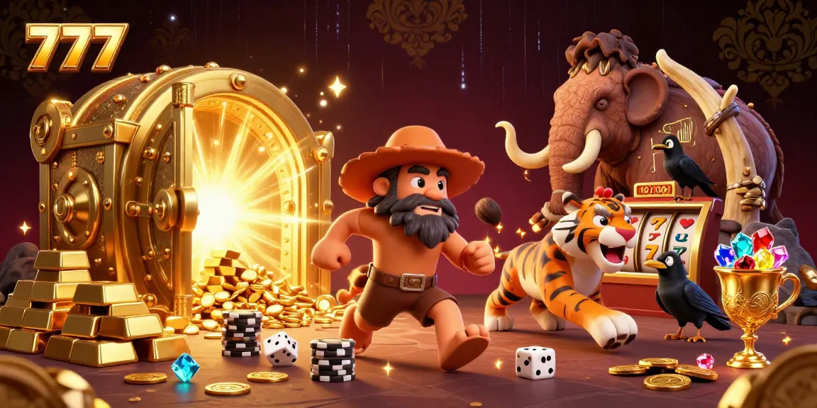Experience 777 thrills in a vibrant 3D casino scene with cavemen and treasures.