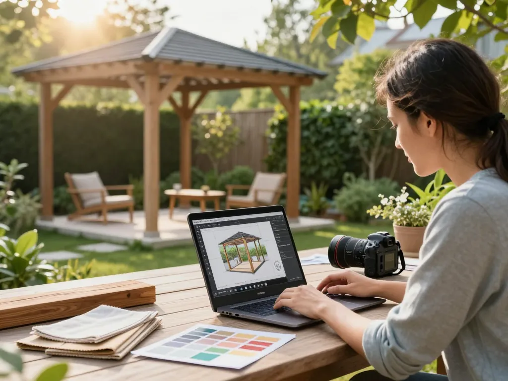 Designer using 3D Pergola Configurator software outdoors, creating custom garden structures.