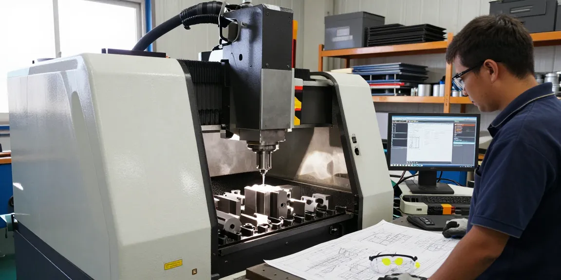 CNC machining parts manufacturer creating precise metal components with advanced machinery and skilled technicians.