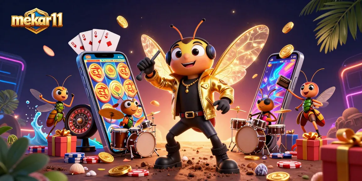 Mekar11 features a vibrant casino scene with cartoon characters embracing exciting gaming dynamics.