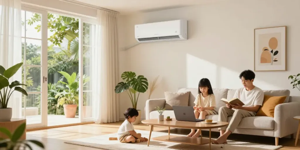 Cozy living room showcasing an 18000 btu mini split air conditioner in use while a family relaxes comfortably.