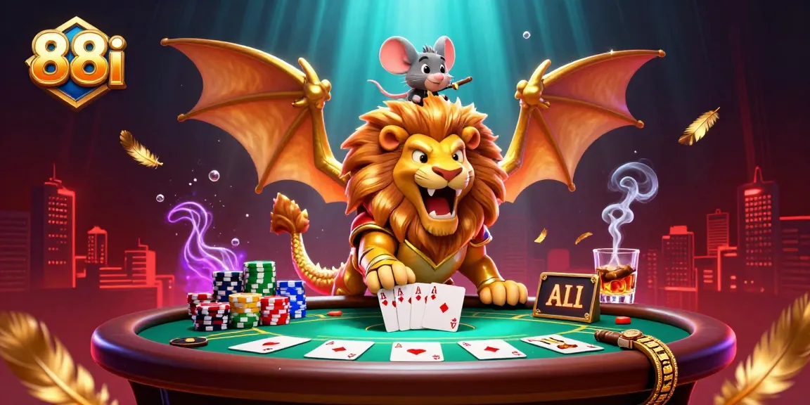 Engage in a thrilling poker showdown at 88i, featuring a chimera in golden armor and intense action.