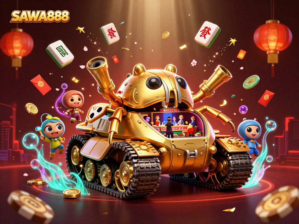 Experience thrilling games with SAWA888's dynamic casino tank illustration showcasing festive elements.