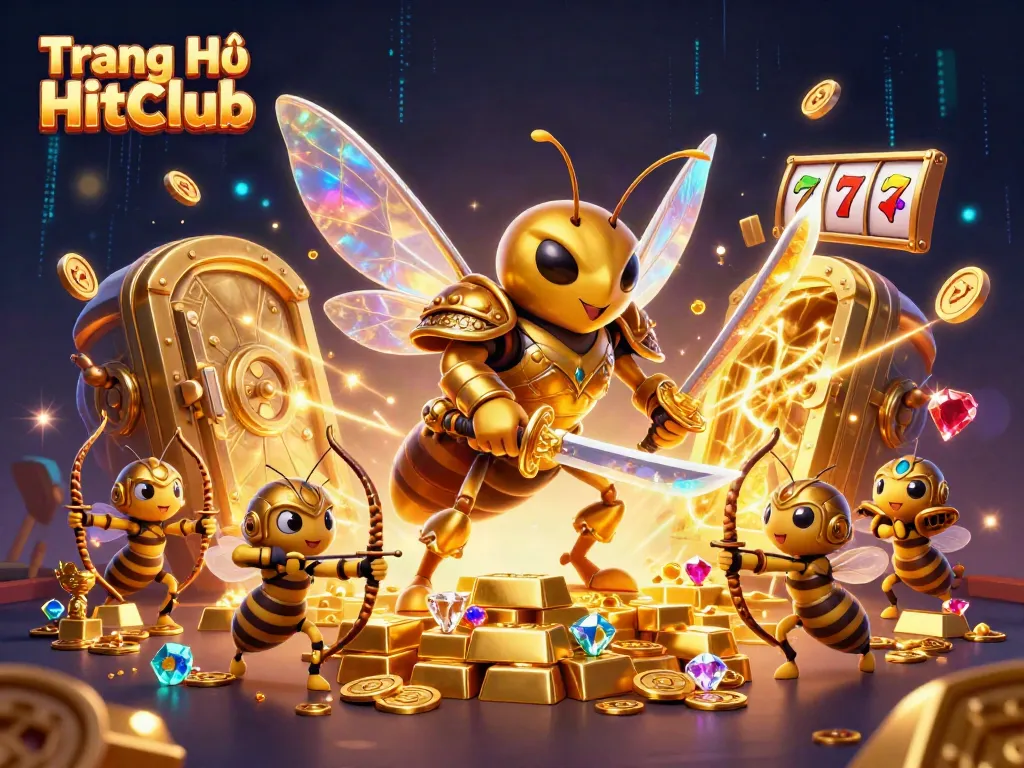 Experience thrilling gameplay at Trang Chủ HitClub with a 3D comic-style scene depicting a golden hornet and gambling elements.