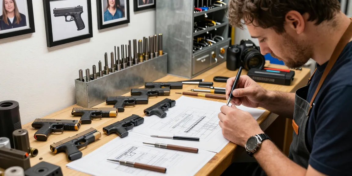 Glock slide customization process at https://precisionglockslides.com with skilled gunsmith in workshop.