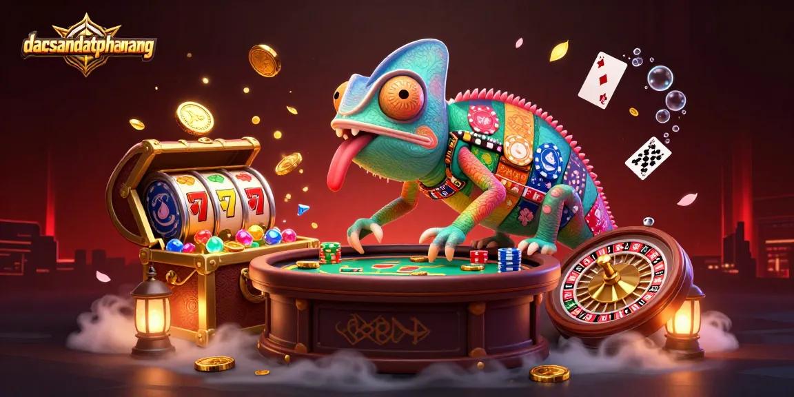 Engage with the vibrant world of dacsandatphanrang, featuring chameleons and casino elements in a lively scene.
