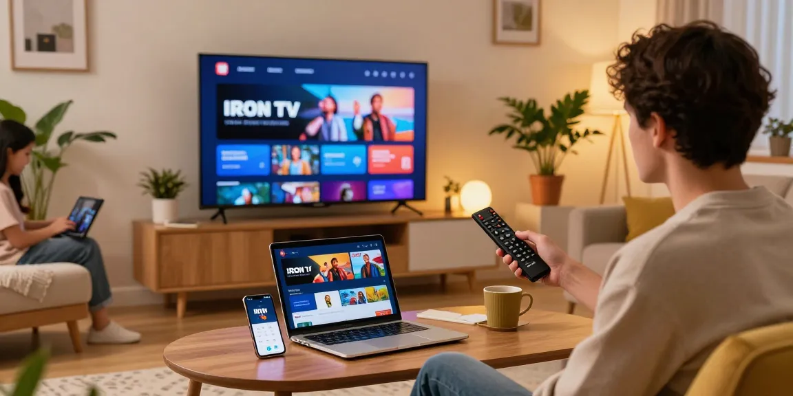 Enjoying IRON TV streaming in a cozy modern living room with family.