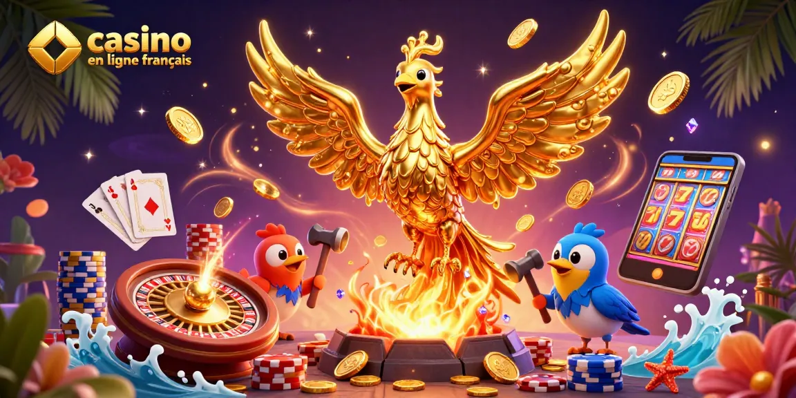 Jouez à un casino en ligne français avec un phoenix doré émergeant, entouré de richesses en jeux