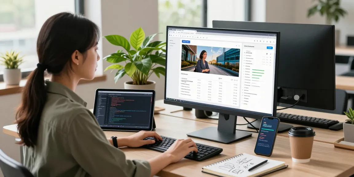 Efficient workspace with a young woman using a free ai detector tool on a computer, showcasing modern technology.
