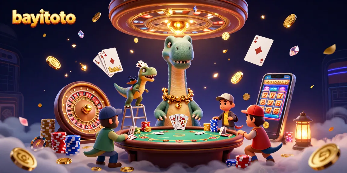 Experience bayitoto's thrilling 3D cartoon casino scene with a brontosaurus and raptor delivering excitement!