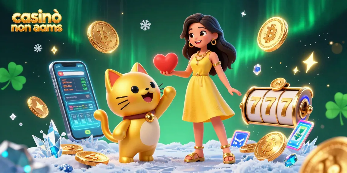 Vinci alla grande nei casinò online non AAMS con il gatto fortunato dorato, Bitcoin e rulli delle slot colorati.