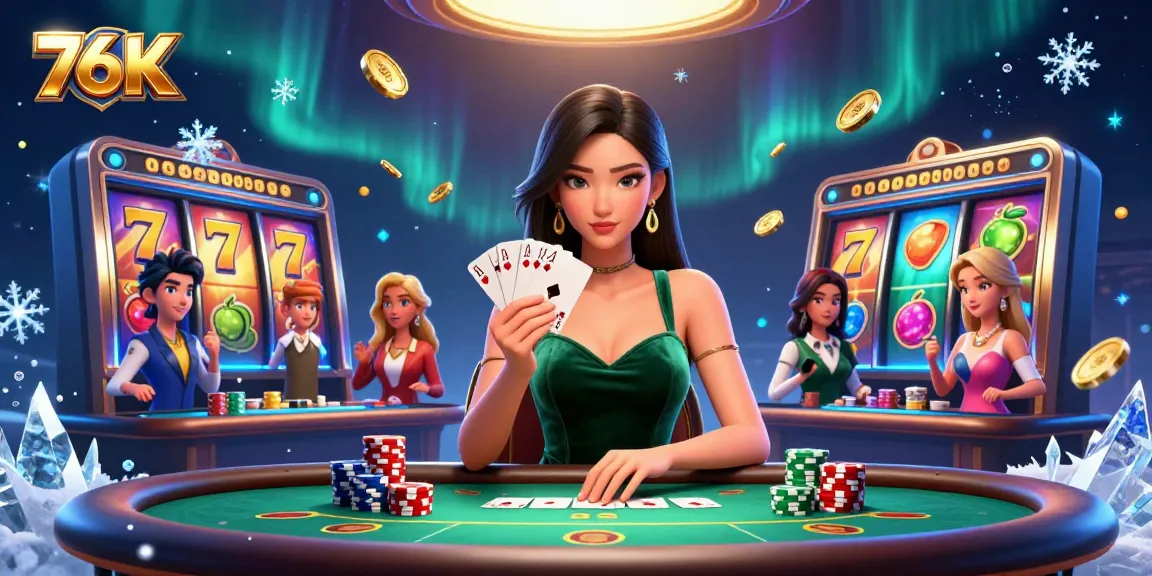 Experience the thrill of 76K with a stunning poker scene showcasing winning cards and vibrant slot reels.