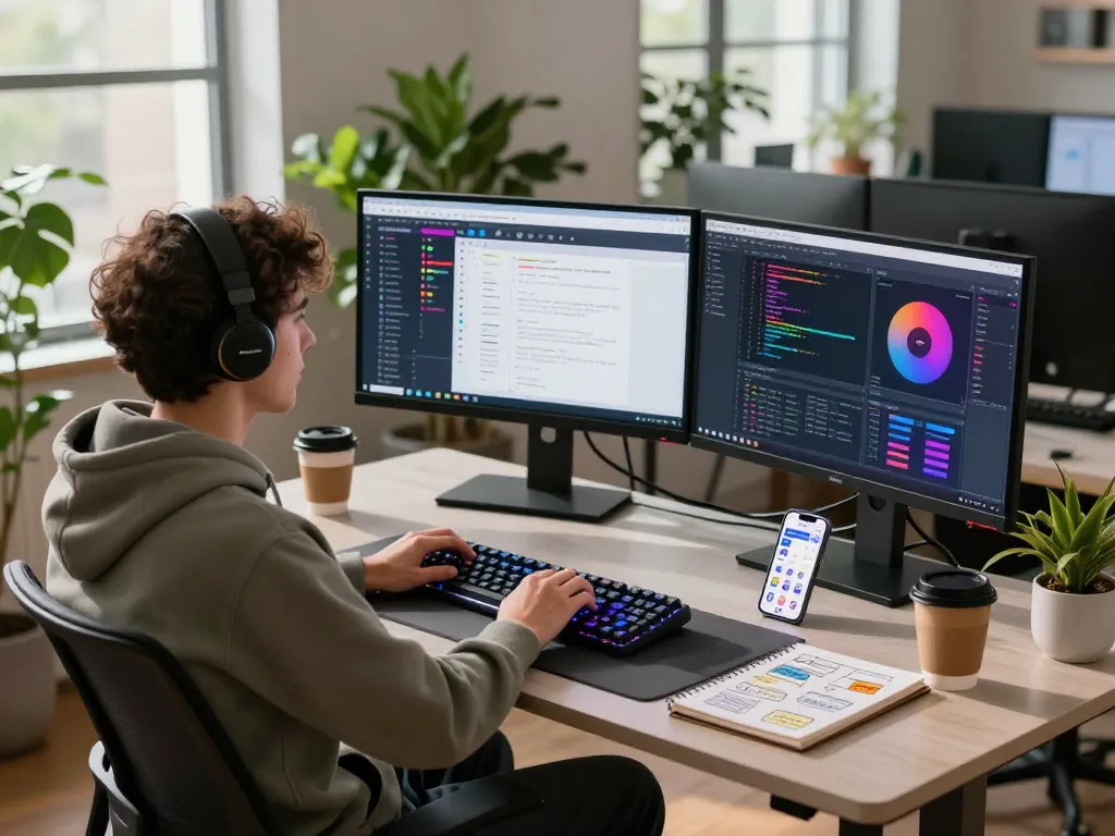 Moltbot AI developer workspace with dual monitors, coding visuals, and vibrant decor in a modern office.