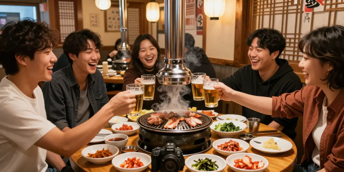 Gathering with friends at Sangbongdong 한국관나이트, enjoying grilled meats in a lively restaurant atmosphere.