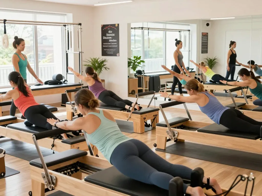 リフォーマーマシンで参加者がいるZen Place Pilatesスタジオのグループクラス。