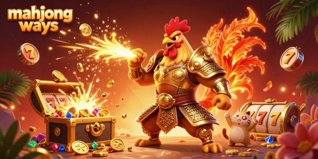 Join the fun with Mahjong Ways, featuring a cartoon rooster warrior and dragon in a treasure-filled gambling scene.