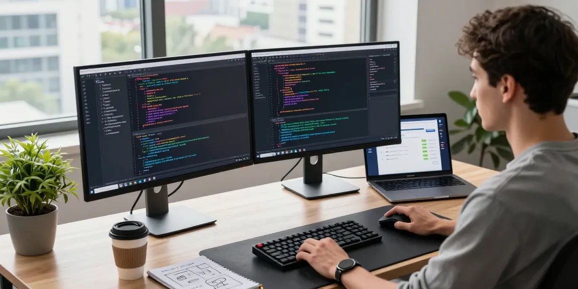 Engaged software developer coding with 纸飞机中文版 messaging application on modern workspace setup.