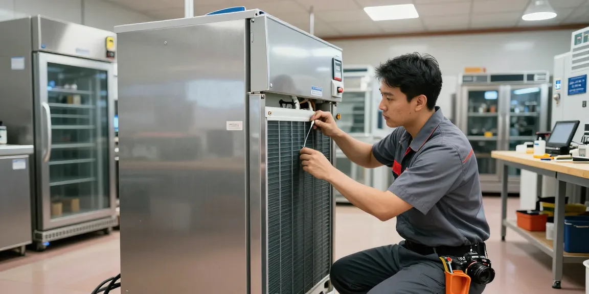 Commercial Refrigerator Repair expert diagnosing a fridge problem in an industrial kitchen setting.