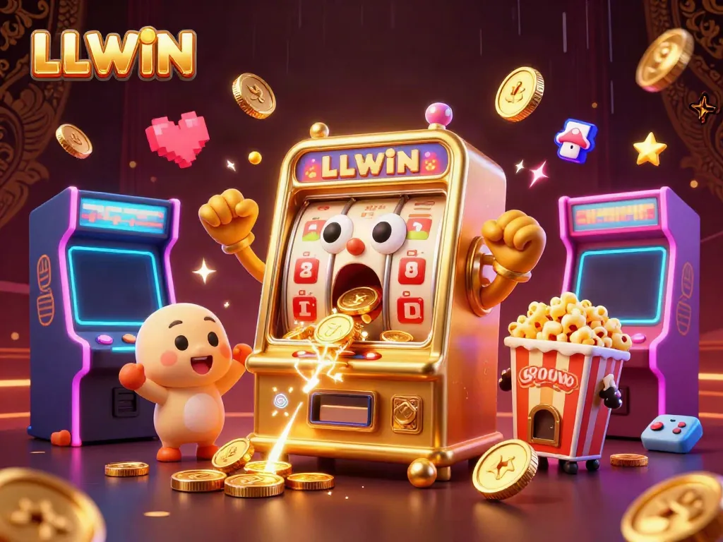 LLWIN slot machine hits a jackpot with coins flying in a vibrant casino scene.