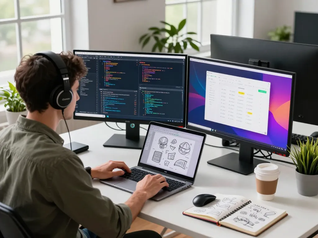 Professional workspace image to prompt generator showcasing a developer using dual monitors and designing an application interface in a vibrant tech environment.