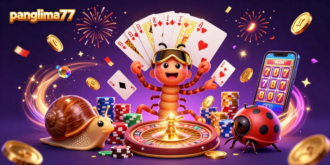Panglima77 showcases a vibrant scene with a cartoon dealer and high-roller, spinning roulette, and exciting casino elements.